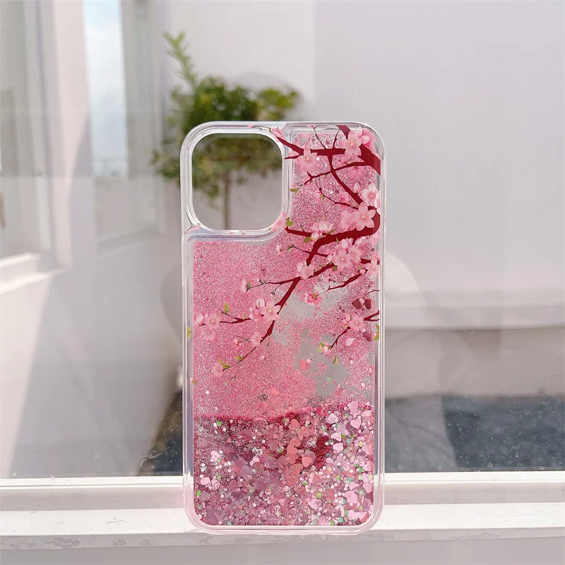 Peach Blossom Glitter Hearts 16 Case Cover for iPhone 15 14/13 Pro Max Quicksand Silicone Soft Shell Moving Sand Liquid Coque