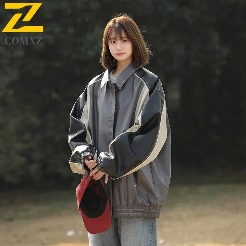 

COMXZ 2024 Mens Womens Vintage PU Leather Color Block Stand Collar Jacket Spring American Style Loose Fit Versatile Biker Coat