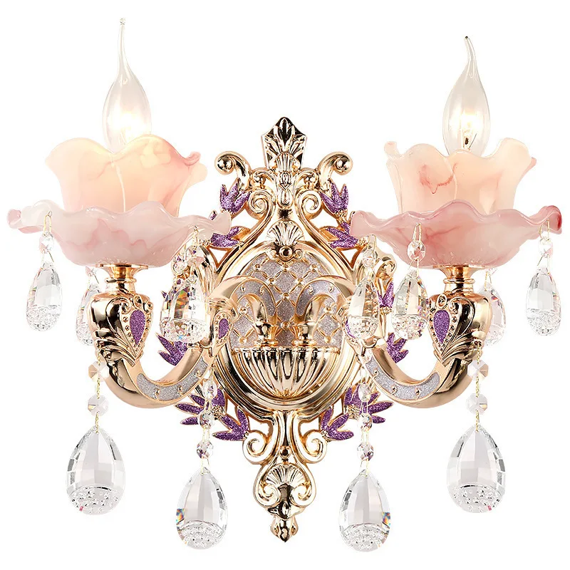 European Purple Jade Double-Headed Crystals Wall Lamp Atmosphere Luxury Restaurant Villa Aisle Bedroom Bedside Decorative Light