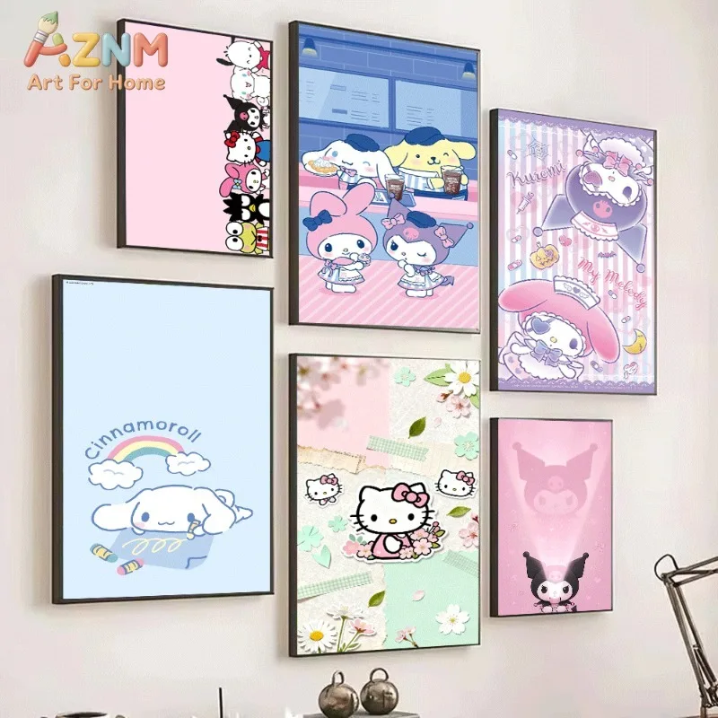 Sanrio Cute Cartoon Canvas Wall Art Unframed Print Lovely Kitty Cinnamoroll Kuromi Collage Poster for Bedroom Dorm Home Interior