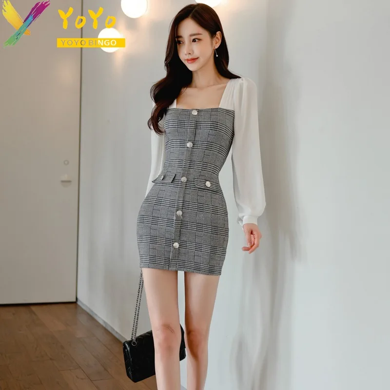 Formal Dress Grey Plaid Long Sleeve Stitching Pencil Dress Autumn Winter Elegant Slim Bodycon Dress sexy night club dress