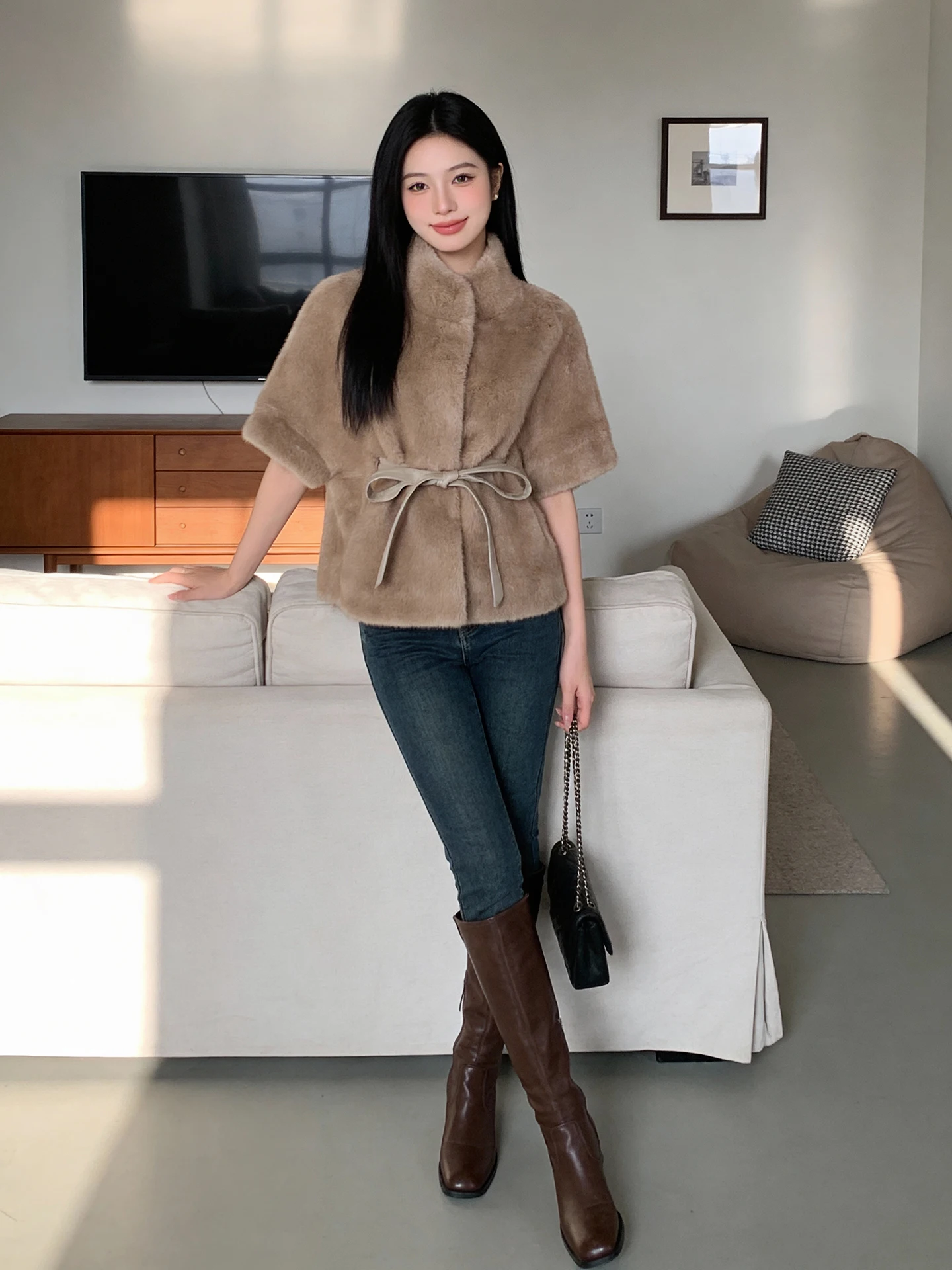 

Tuo Ye ort Batwing Sve Mink Fur Coat Women's Winter Faion mat Sle Thiened Polyester Fiber Jaet