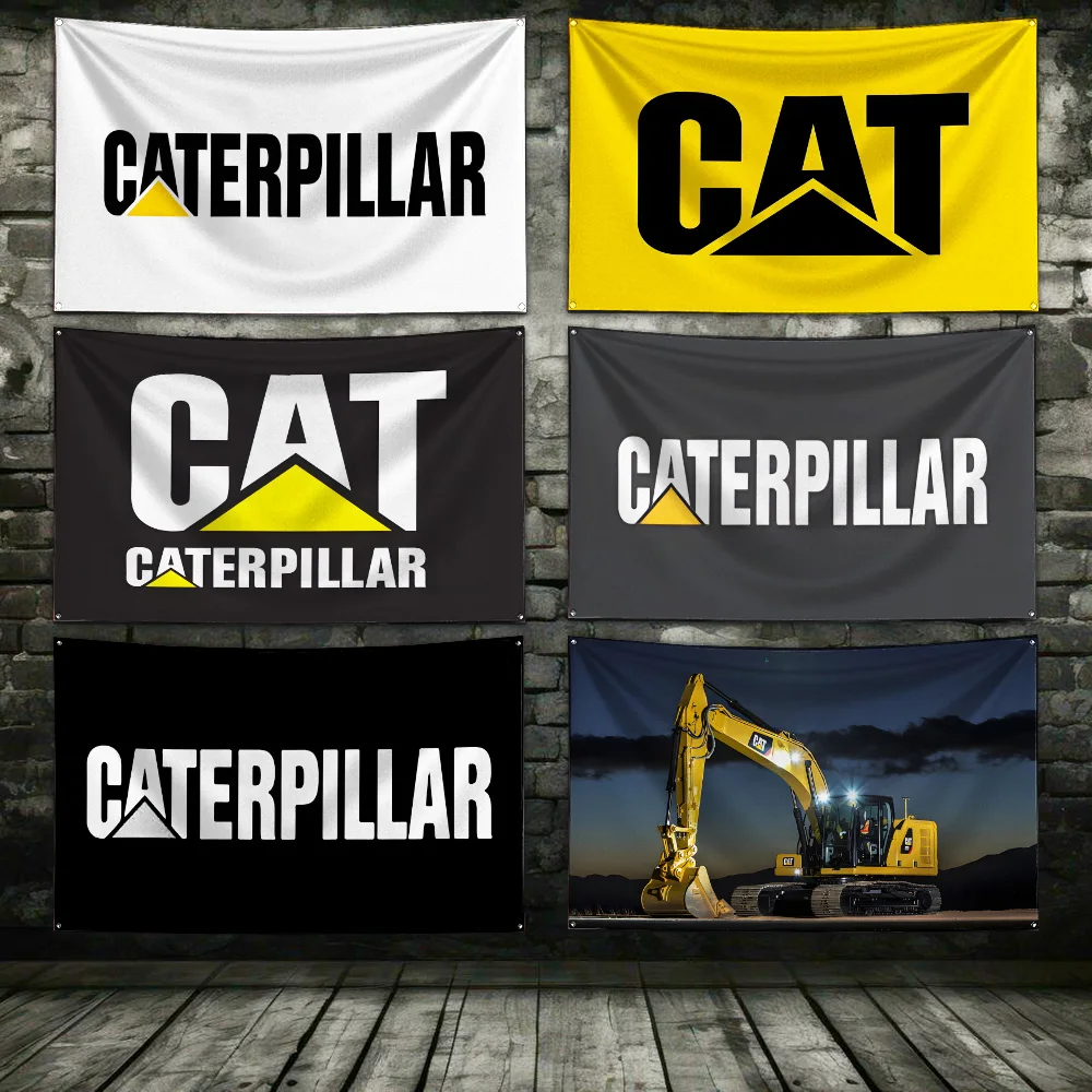 60x90cm  Caterpillars Excavator Flag Polyester Digital Printing Banner for Garage Wall Art Out Door Decoration