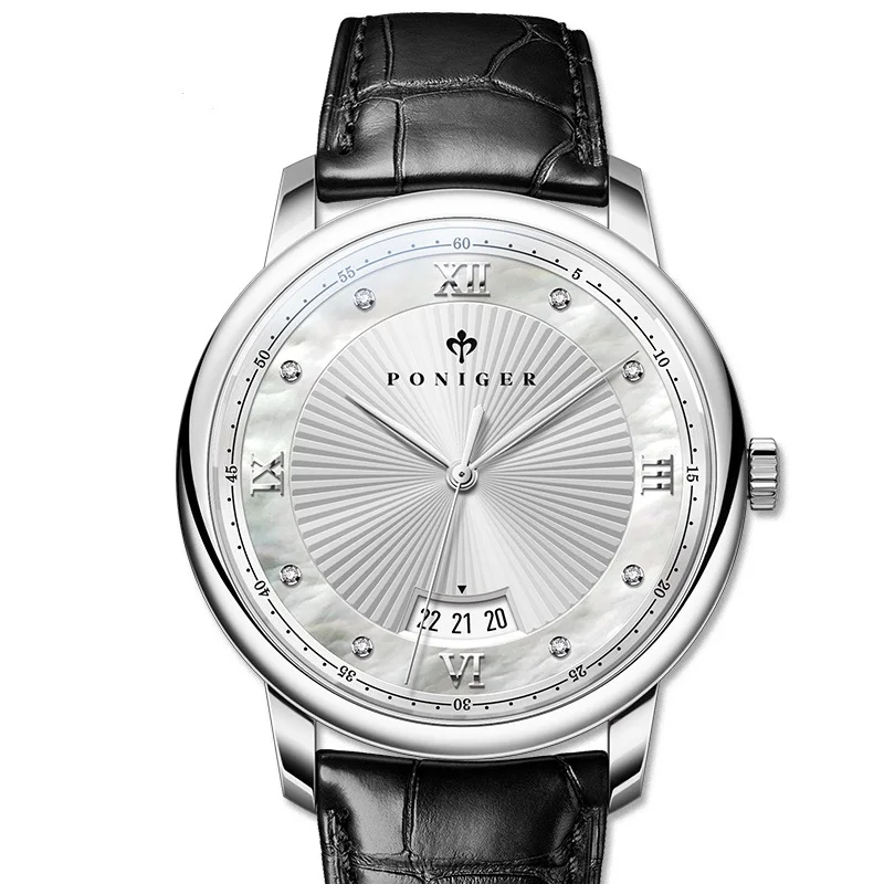 

PONIGER Men's Quartz Wristwatch with Silvery Hands Fashion Business Leisure Leather Belt Handmade Hand Quartz Watches