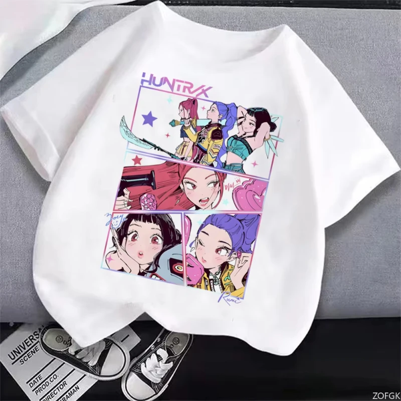 Pescoço redondo básico meninos topos camisas casuais caçadores de demônio t camisa crianças dos desenhos animados anime meme impressão roupas mulher homem