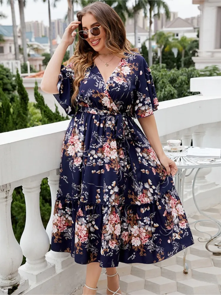 Plus Size letnie Midi sukienka kwiatowa damskie z nadrukiem kwiatowym w stylu Vintage sukienki damskie na co dzień kobieca sukienka mody 2023