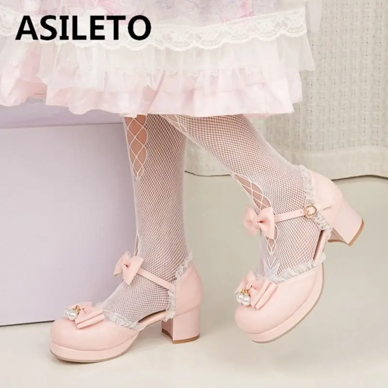 

ASILETO New Sweet Girls Women Pumps 28 29 30 Round Toe Block Heels Platform Buckle Strap Bowknot Plus Size 47 48 Lolita Style