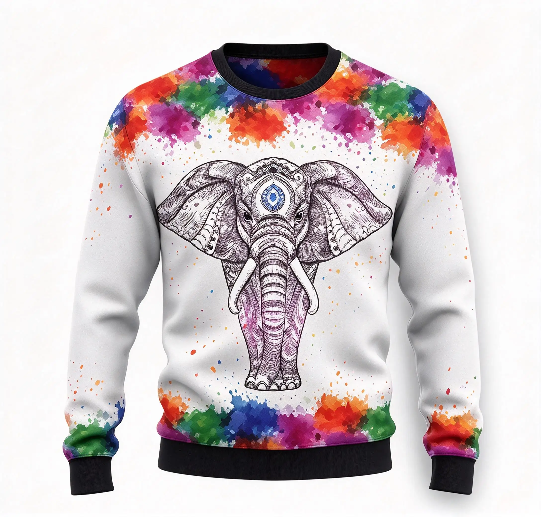 Men Crewneck Sweatshirt, Watercolor Splash Mandala Elephant Graphic Polyester Casual Pullover