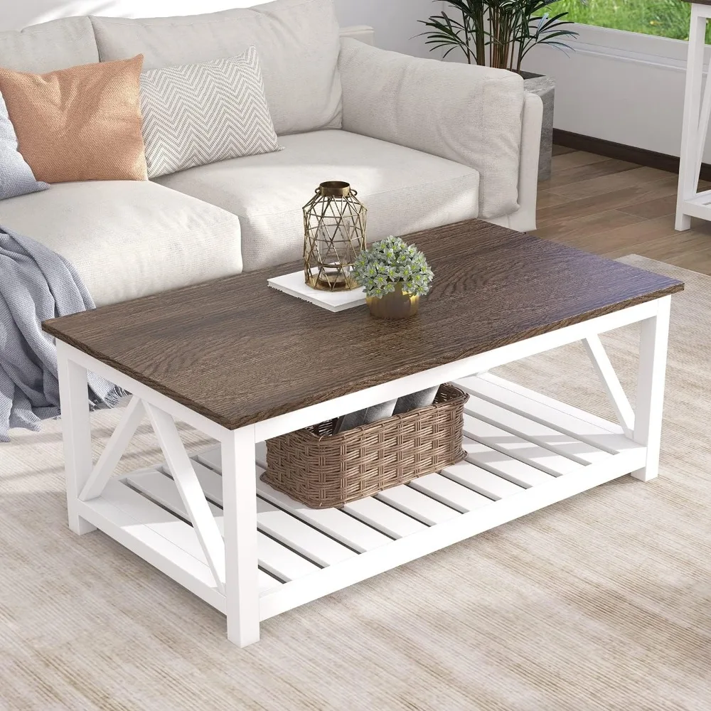 Farmhouse Coffee Table, Rustic Vintage Living Room Table with Shelf White Perfect for working and dining in the living room