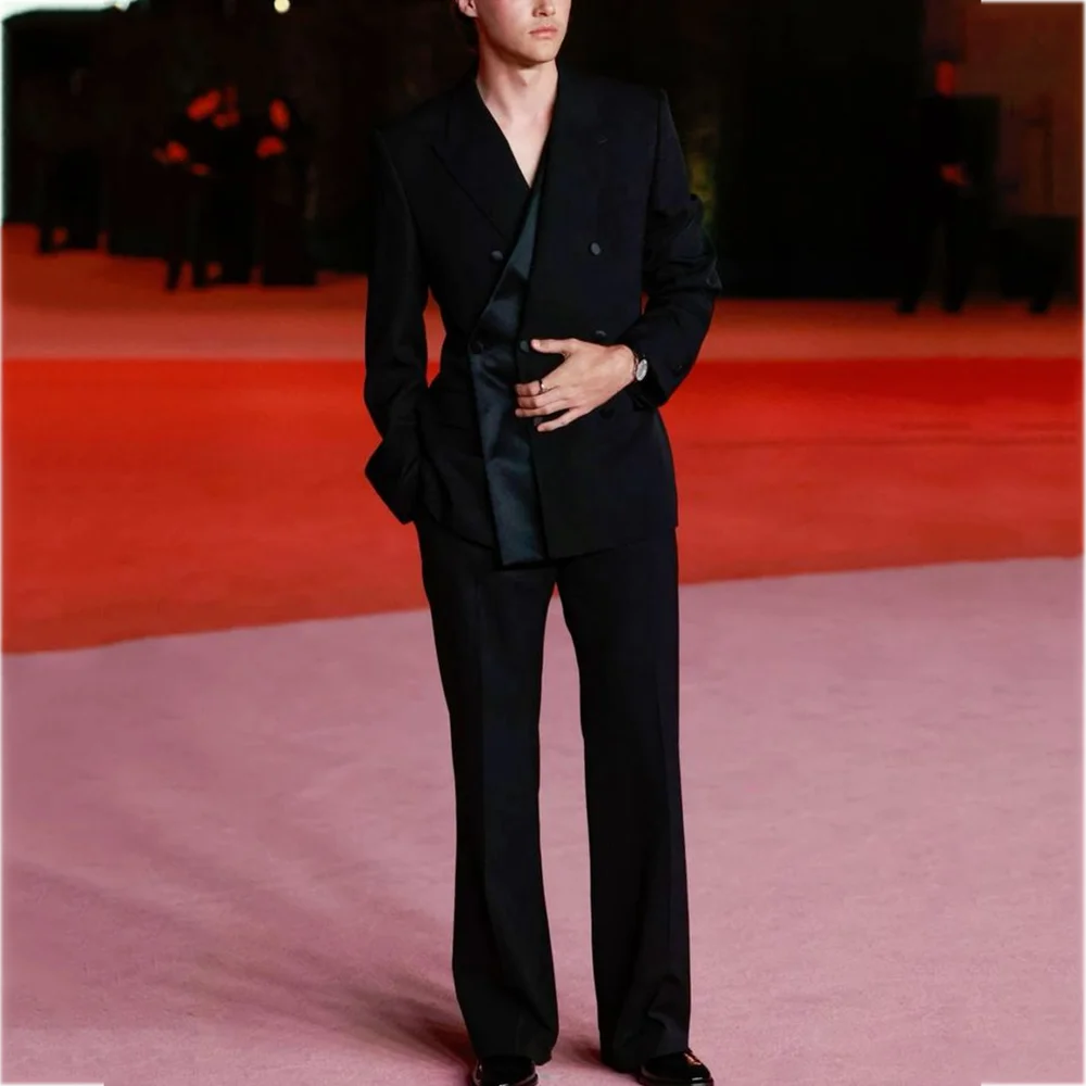 

Formal Black Suit For Men Peak Lapel Regular Fitted Slim Outfit Set Red Carpet Handsome Elegant Party Prom Male Clothing