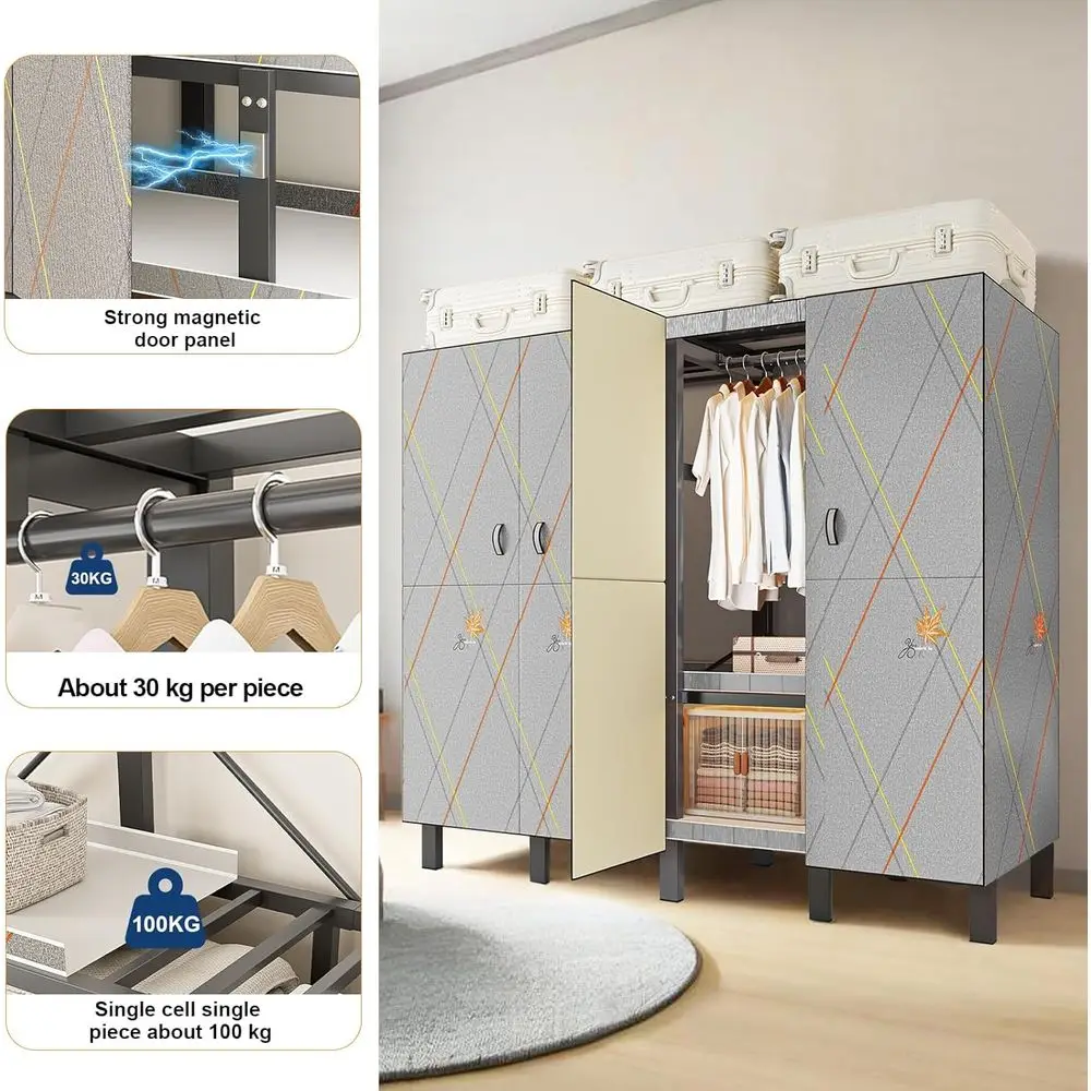 Durable Heavy-Duty Double Rod Portable Wardrobe with Cover, Up to 1000 lbs Capacity, Gray view 4