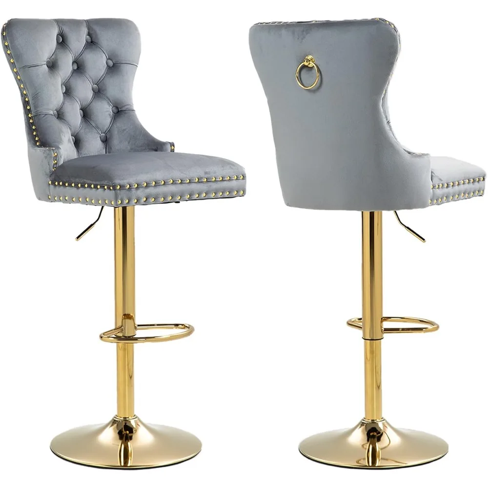 

Swivel Bar Stools Set of 2 Adjustable Counter Height with Back Velvet Upholstered, Tufted and Nailheads Trim, Bar Chairs