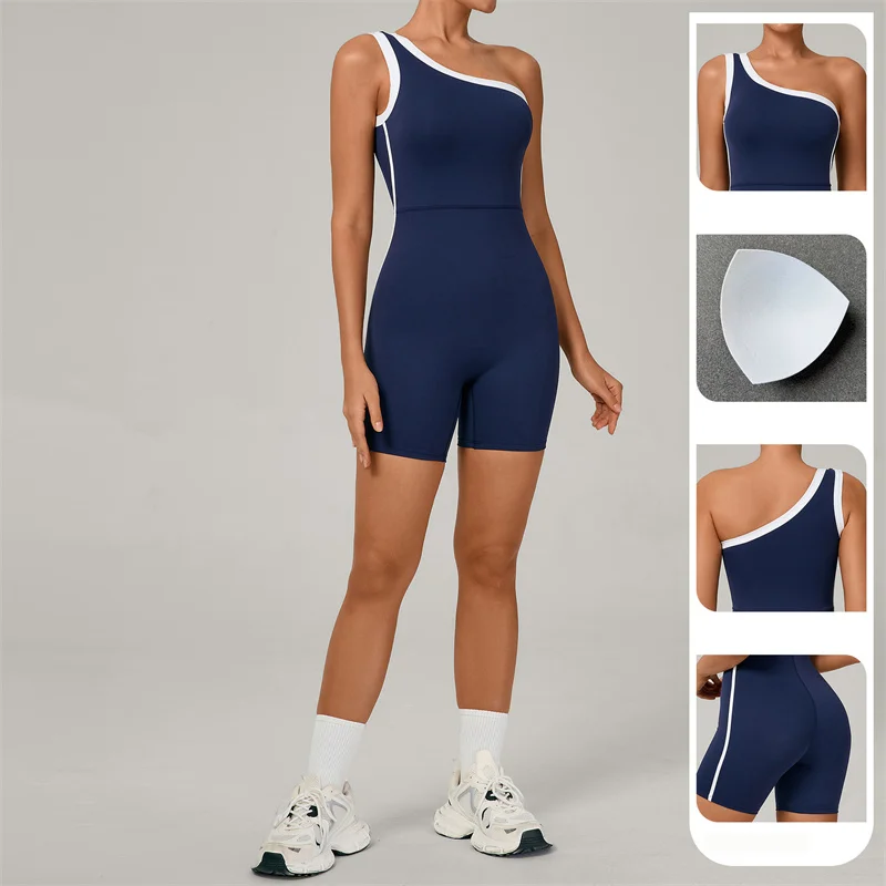 TRY TO BN 원숄더 점프수트 요가 스포츠 배색 아름다운 등라인 바디수트 피트니스 원피스 러닝 짐 여성 의류