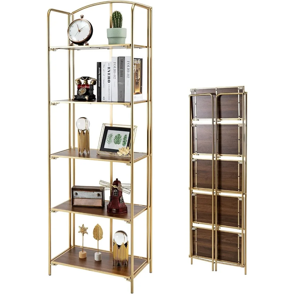 No Assembly Folding Bookshelf, 5 Tier Gold Bookshelf, Metal Book Shelf for Storage, Folding Bookcase for Office Organization