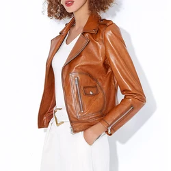 Vintage Brown Women's 100% Real Leather Jacket Coats 2024 Fall New Short Moto Jacket Casual Female Imported Lambskin Jacket