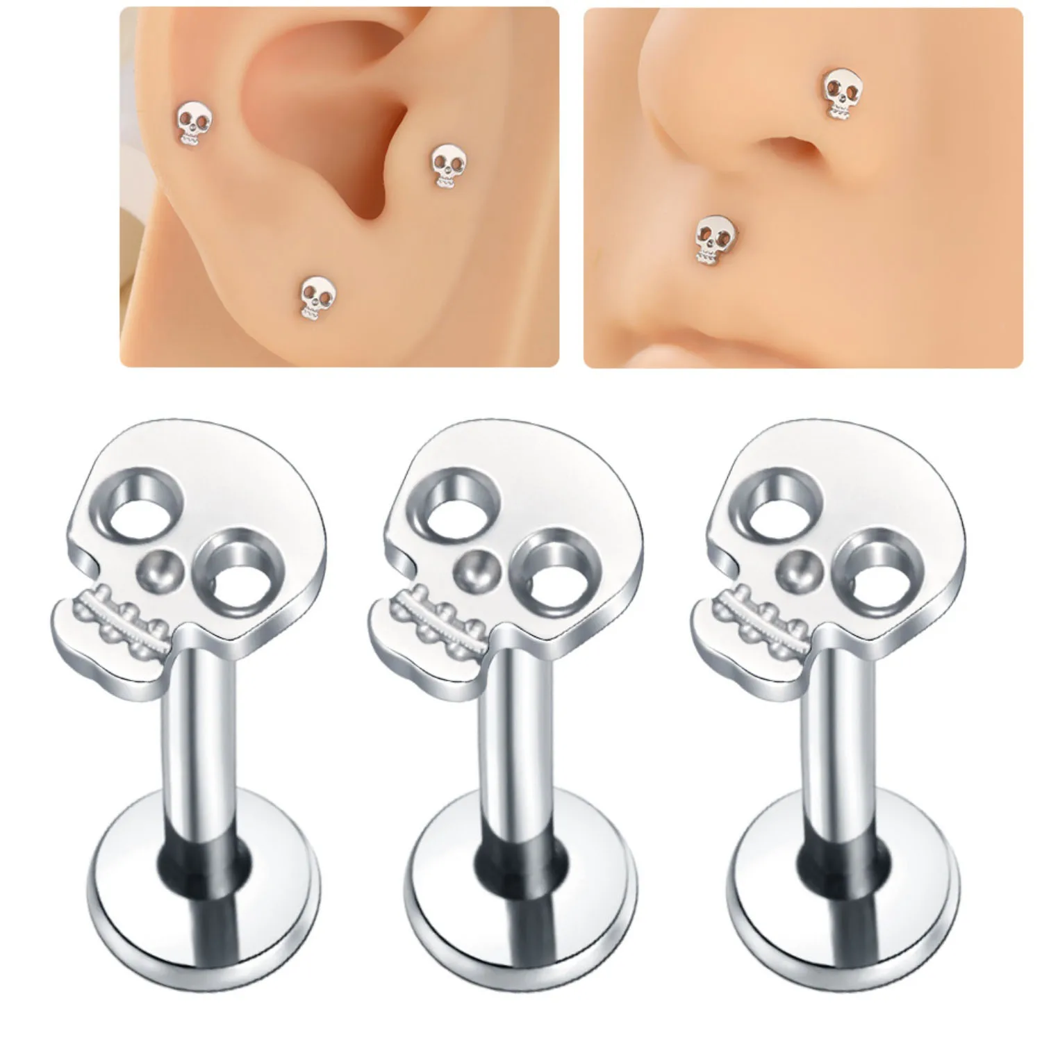1PCS Steel  Skull Design Piercing Ear Stud 16G Cartilage Tragus Helix Daith Lobe Earring Internal Thread Labret Piercing