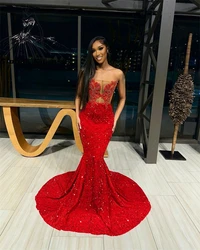 Red Sweetheart Long Prom Gowns For Black Girls Sequined Evening Dresses Beaded Appliues Birthday Party Formal Gown Customized