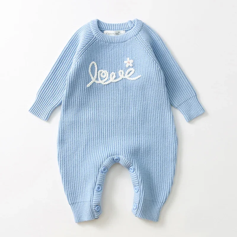 ربيع جديد 2026 ملابس أطفال محبوكة 0-24 متر بدلة لحديثي الولادة بأكمام طويلة مطرزة للأطفال الصغار رومبير محبوك للأولاد والبنات