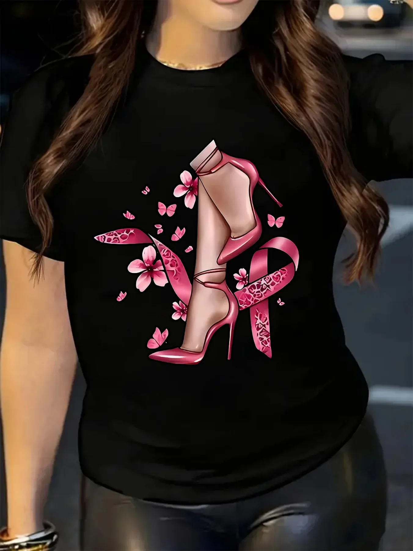 Women's Casual Short-sleeved Printed with High Heels and Ribbon Pattern-round Neck Top Machine-washable Sister Aesthetic Clothes