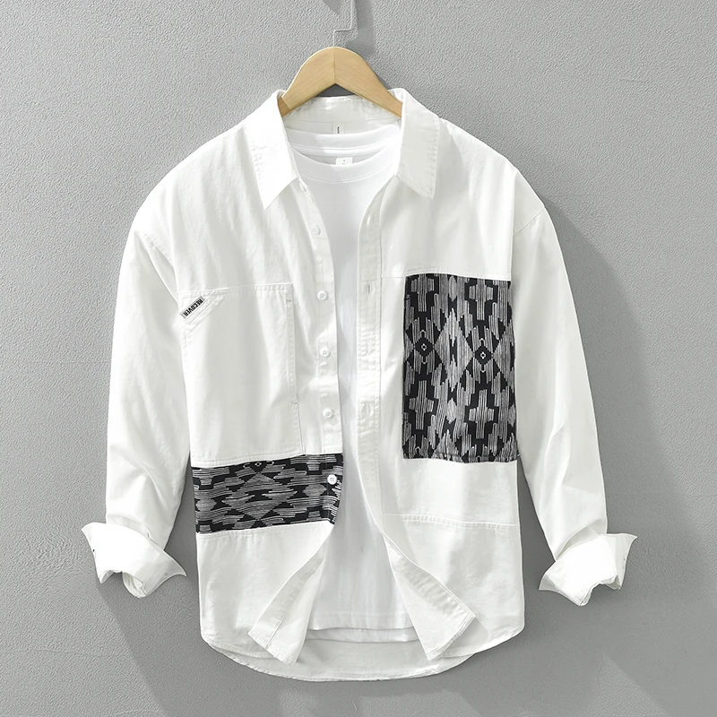 Artistic Print Patchwork Shirt for Men Cotton Long Sleeve Loose Casual Versatile Men's Clothing