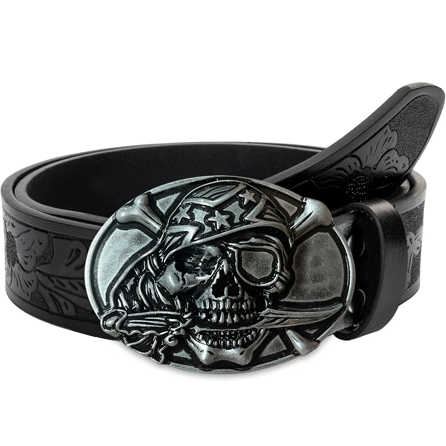 Bite Knife Skull Belt Exquisite Carved Large Plate Buckle Alloy Buckle for Men and Women - Irregular Pattern Carved Flower Long