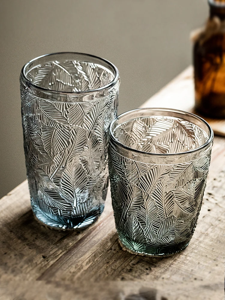 275ml/350 ml Relief Glass Cup Retro Leaf Shaped Transparent Water Cups Latte Juice Mug Home Party Whiskey Mugs Drinkware