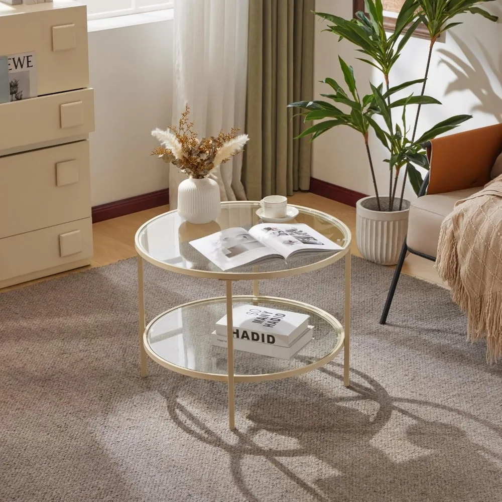 Glass Coffee Table, 25.6 Round Coffee Table, Transparent Glass Coffee Tables for Living Room, 2-Tier Coffee Table with Storage