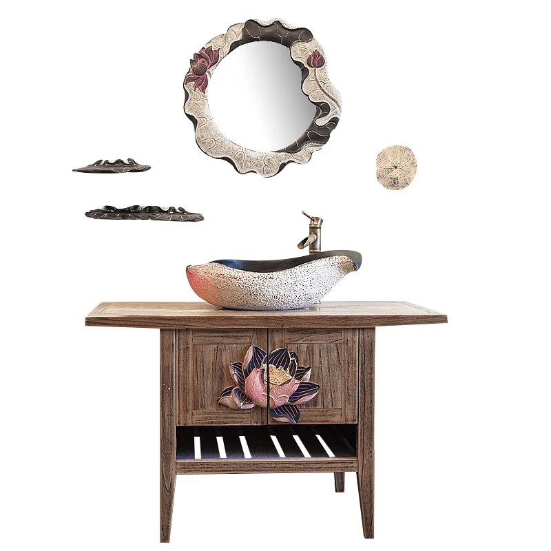 

New Chinese bathroom cabinet wash basin balcony solid wood bath cabinet B & B hotel wash table creativity