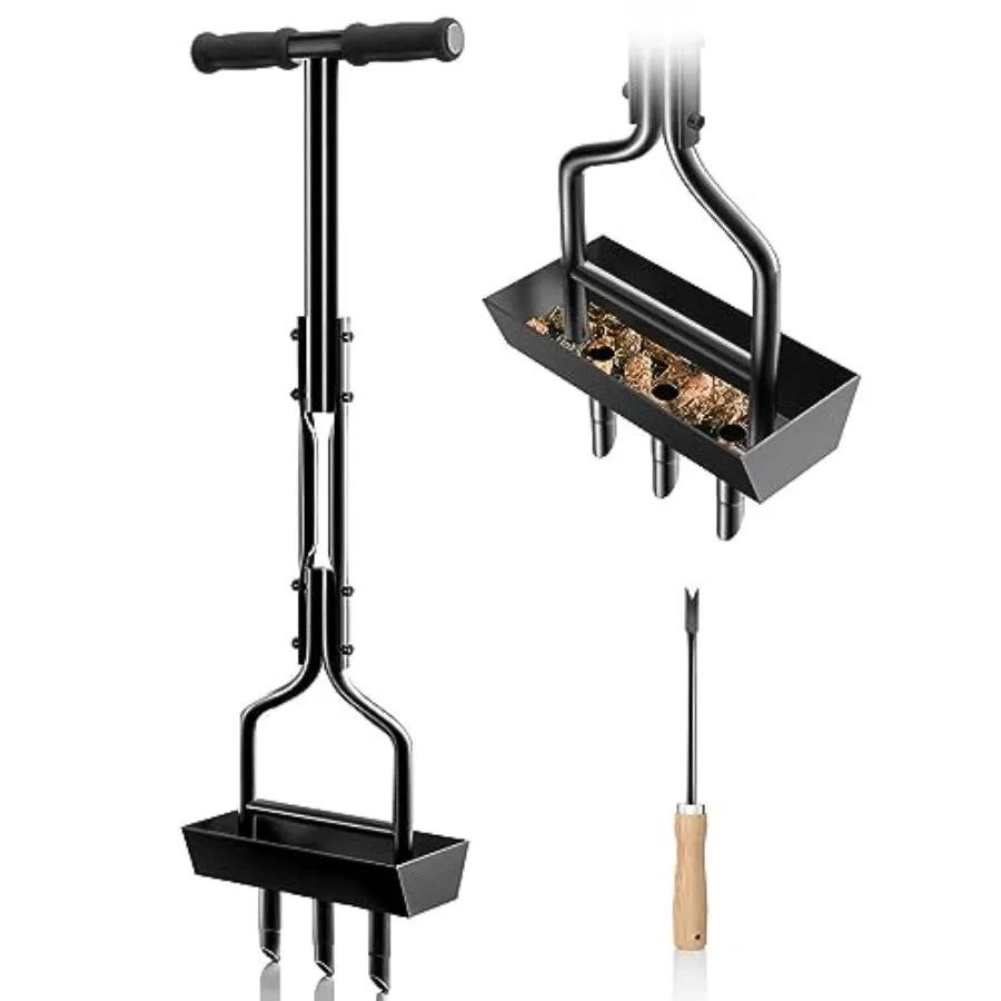 Manual Lawn Aerator Tool with Soil Storage Basket - 2025 Upgraded Aerator Lawn Tool, 3 Tines Yard Aerators with Cleaning Tool,