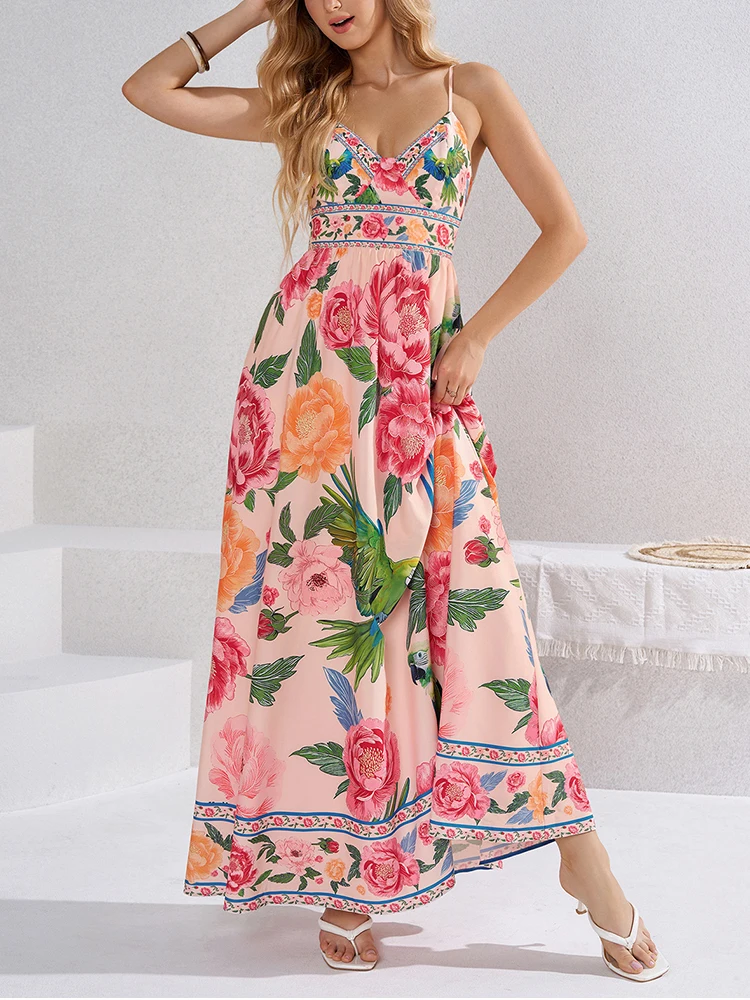 NewAsia Boho Floral Parrot Print Maxi Dress for Women Spaghetti Strap V Neck Backless Bow Long Dress Summer Casual Party Dresses - view 4