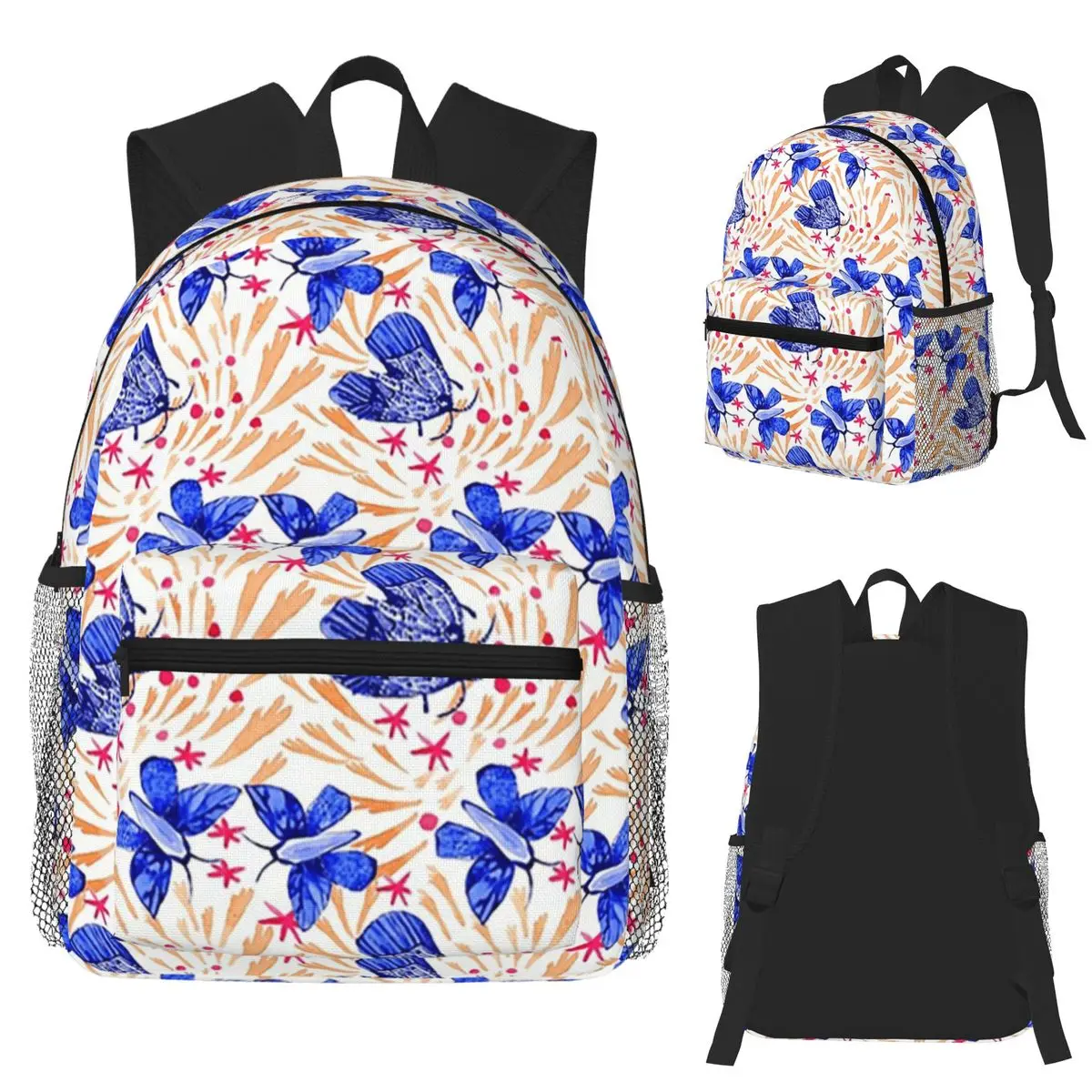 

Bustling Navy Blue Chinoiserie Moths Floristic Large Scale Student Backpack School Bag Travel Daypack Bookbag Shoulder Bags