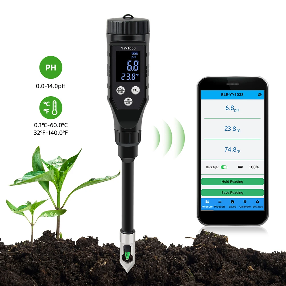 

YY-1033 Soil PH Meter 0.0~14.0pH Bluetooth Soil Tester Data Logger Temp Acidity Analyzer for Hydroponics Planting Garden Farmlan