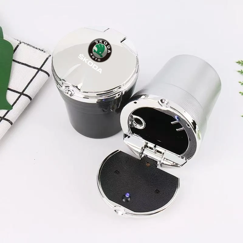Car Ashtray with Lid Smell Proof Blue Led Portable Ashtray Cup For Skoda Octavia RAPID Superb Fabia Kodiaq Kamiq Karoq