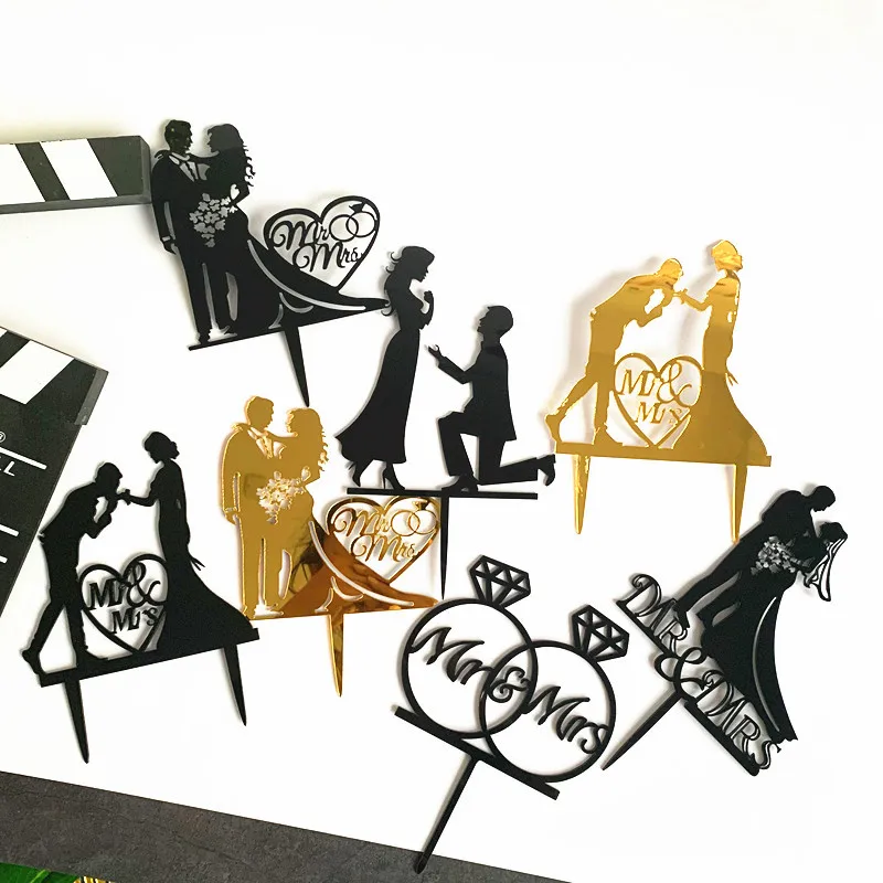 Nuovo MR & MRS Happy Wedding Cake Topper oro nero acrilico anello sposo sposa Cake Topper matrimonio fidanzamento festa Dessert decorazione