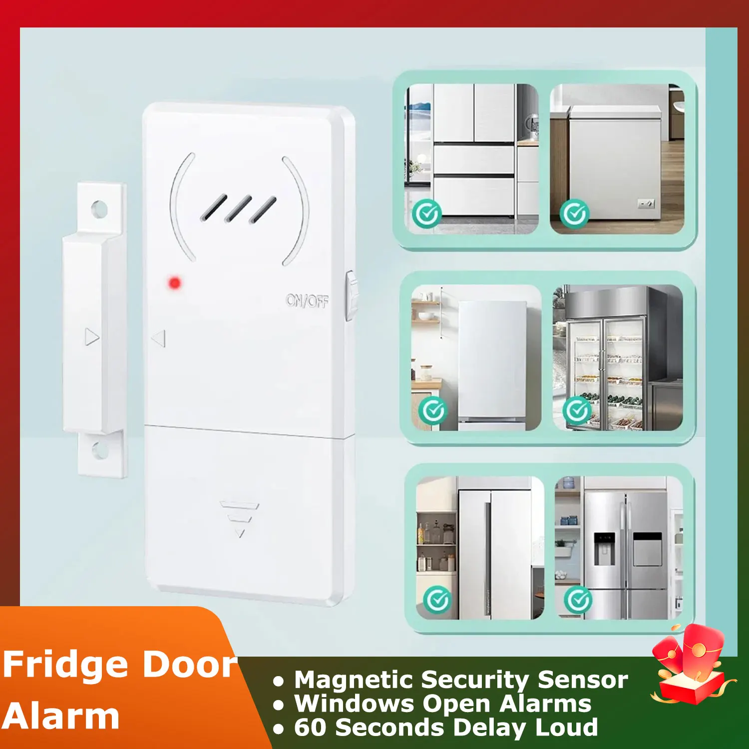 

Magnetic Security Sensor Refrigerator Door Alarm Windows Open Alarms 60 Seconds Delay Loud 96 dB for Home, Store, Offic