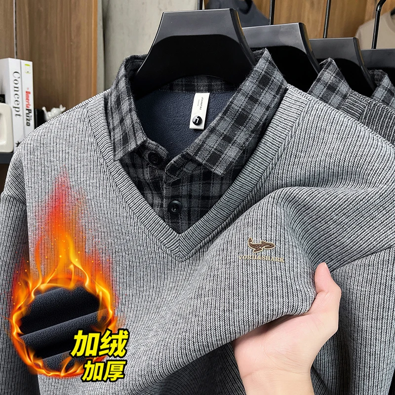 

Men's Fake Two-piece Sweater Winter New Style with Added Velvet, Thick Collar, Warm Knit Polo Base Sweater for Men