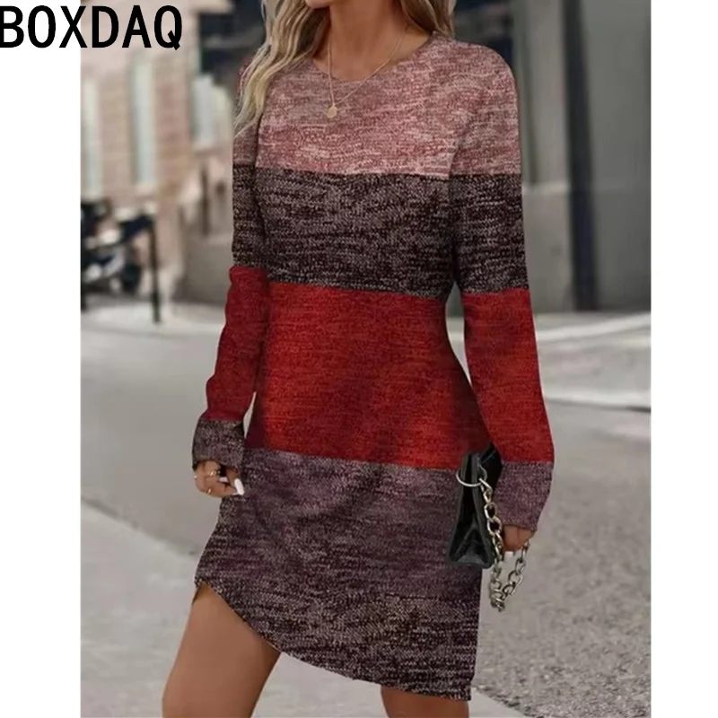 Women Long Sleeve Vintage A-Line Dress Autumn New Gradient Stripe Print Dresses Big Size 3XL Lady Elegant Party Dress Vestidos