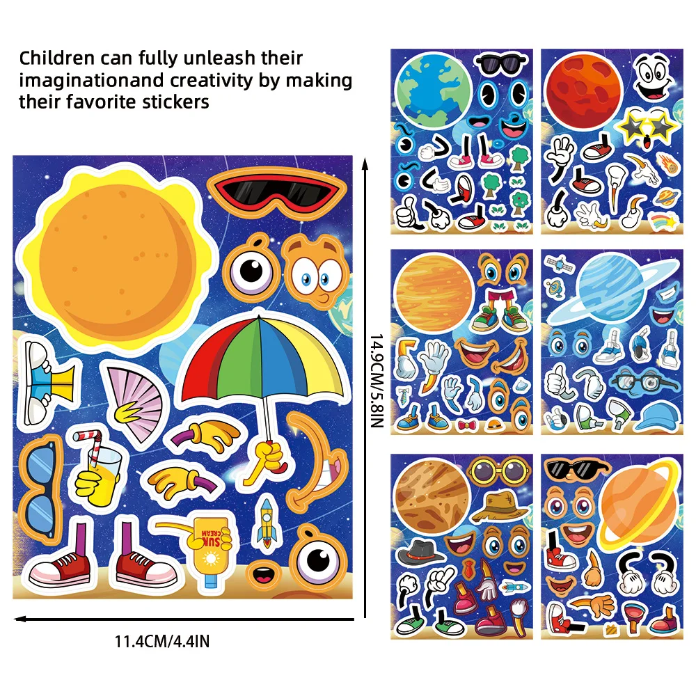 8/16Sheets Space Planet Make A Face Puzzle Stickers Make Your Own DIY Game Children Cartoon Education Toys Birthday Party Gifts