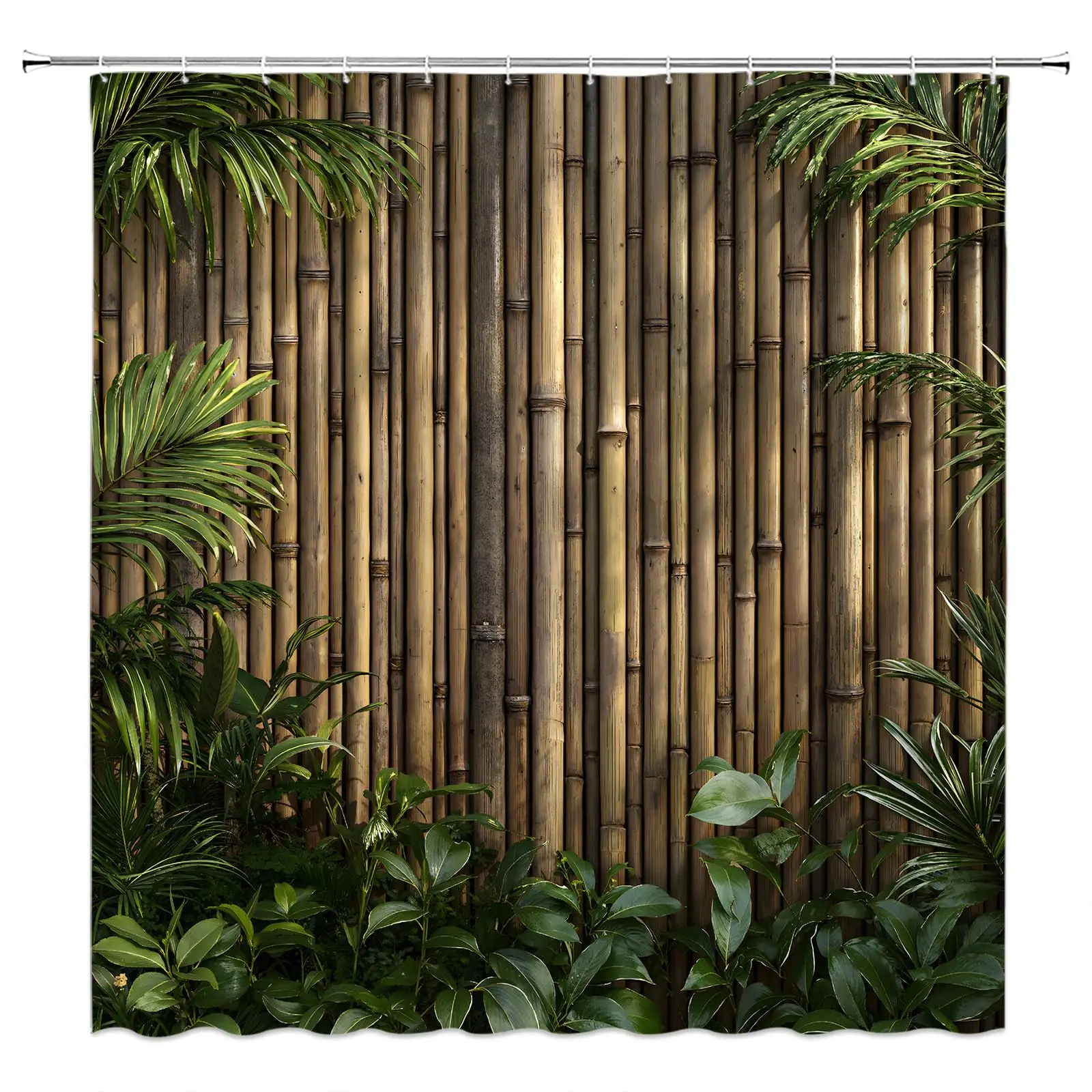

Bamboo Bathroom Curtains Chinese Japanese Style Botanical Leaves Branch Plant Wood Shower Curtain Polyester Fabric with Hooks