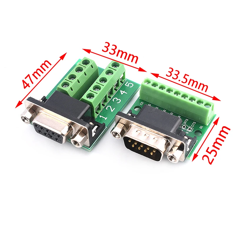 D-Sub 9pin Solderless Connectors DB9 RS232 Serial to Terminal Female Male Adapter Connector Breakout Board Black+Green