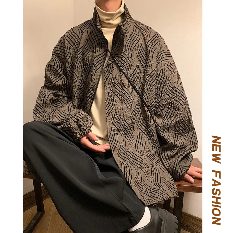 

American Retro Striped Jaet Men's Spring Autumn Loose Stand Collar Top Trendy Large Size Zipper Decorated Breathable Outerwear