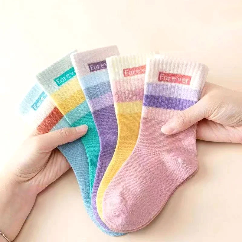 5Pairs Fashion Stripe Number Socks Children Boys Sport Sock Pink Rabbit Baby Girl Middle Tube Sock Ruffle Brim Kids Cotton Socks
