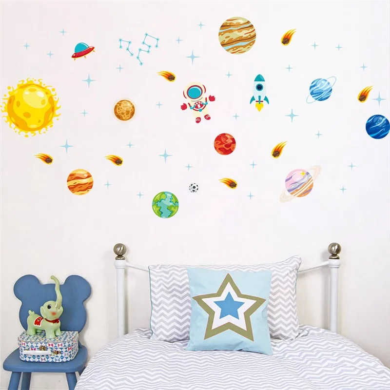 Cartoon Planet Rocket Constellation Wall Stickers For Kids Bedroom Home Decoration Space Mural Art Nursery Decals Pvc Posters