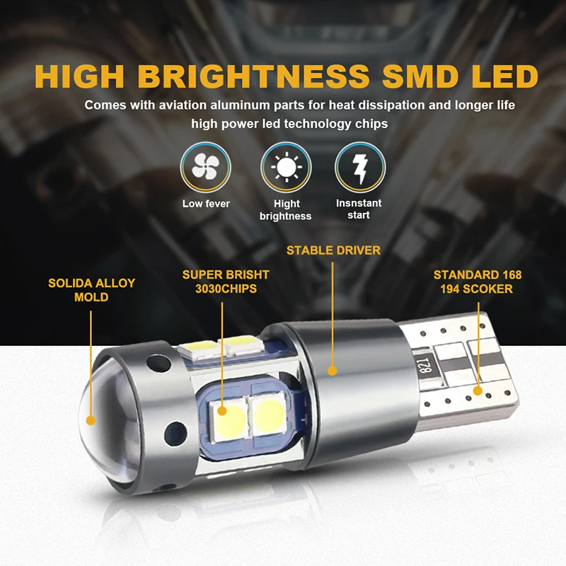 NLpearl 2Pcs W5W T10 LED CANBUS No Error 194 LED Signal Light 3030 10SMD Car Interior Side Light Marker Parking Bulb Auto Bulbs
