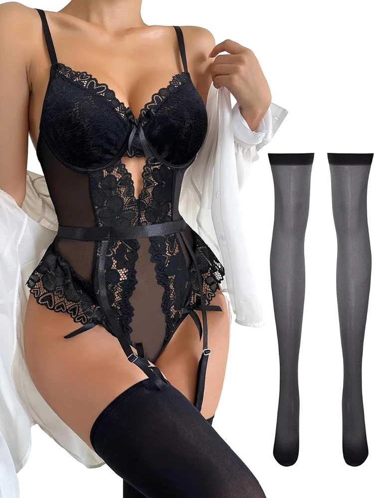 Sexy Lace Bodysuit Lingerie Open Anal for Women Garter Underwear Teddy Bodysuit Hot See Through Jumpsuit Vintage Garter Clips