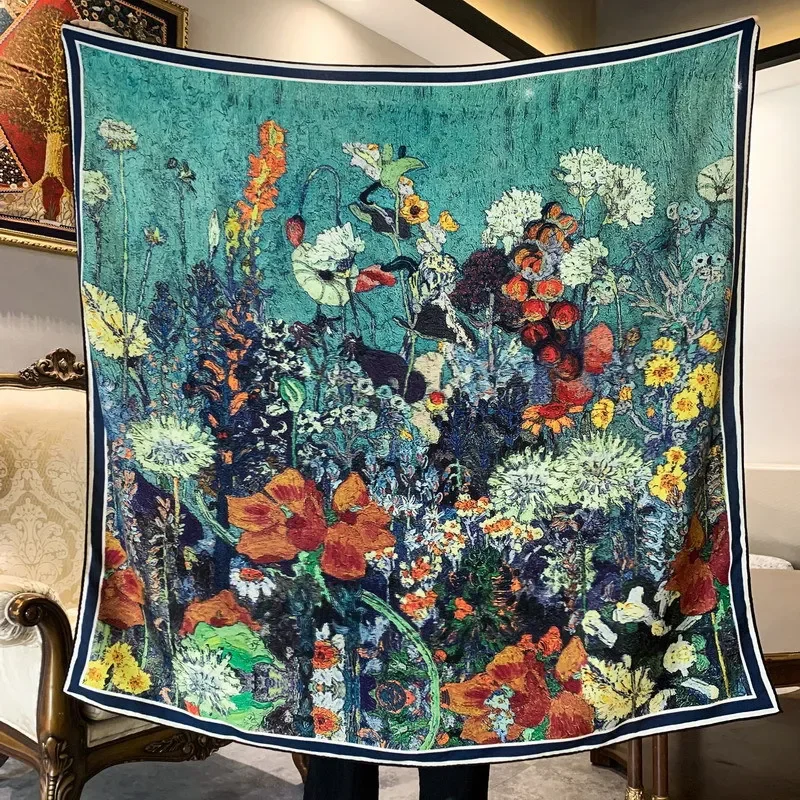 High-end Elegant Women Flowers Bloom Oil Painting Double-sided Print Quality Silk Wool Hand-rolled Edge Large Square Scarf Shawl