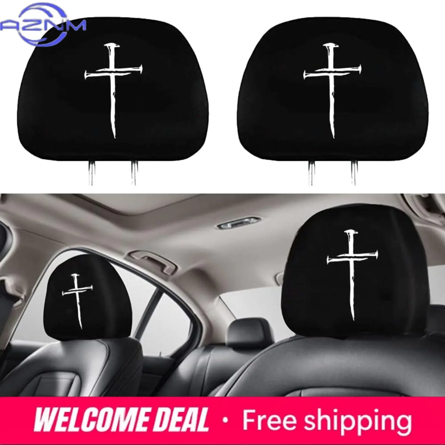 Paquete de 2 Fundas de Reposacabezas con Cruz Cristiana y Clavos, Fundas de Tela para Reposacabezas con Diseño de Cabeza de Cristo, Accesorio Universal para el Interior del Automóvil