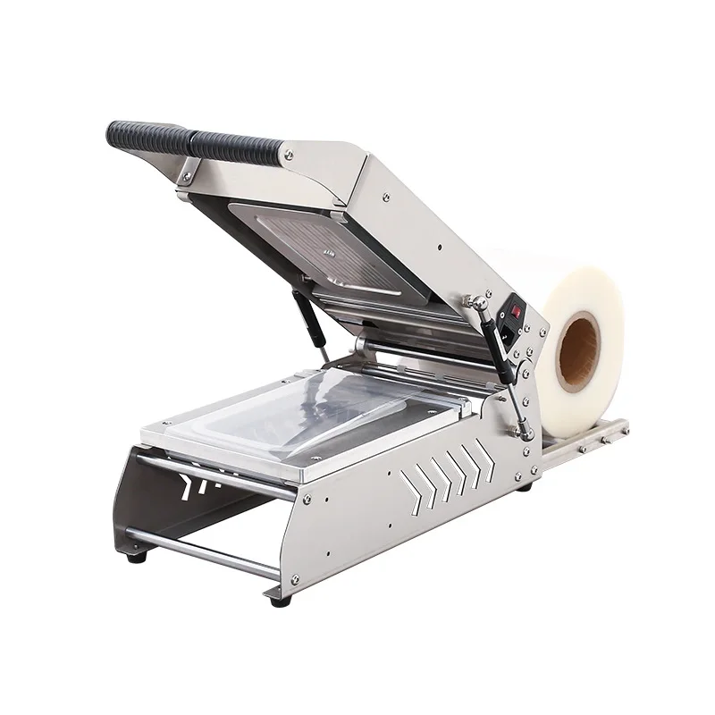 Máquina de sellado eléctrica semiautomática comercial para embalaje para llevar, caja fresca prensada a mano para té de la leche, alimentos frescos cocidos