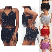 Belly Dance Sequins Skirt  3 Layers Tassel Waist Chain Belts Wrap Party Club Indian Latin Hula Dancer Practice Dress Hip Scarf