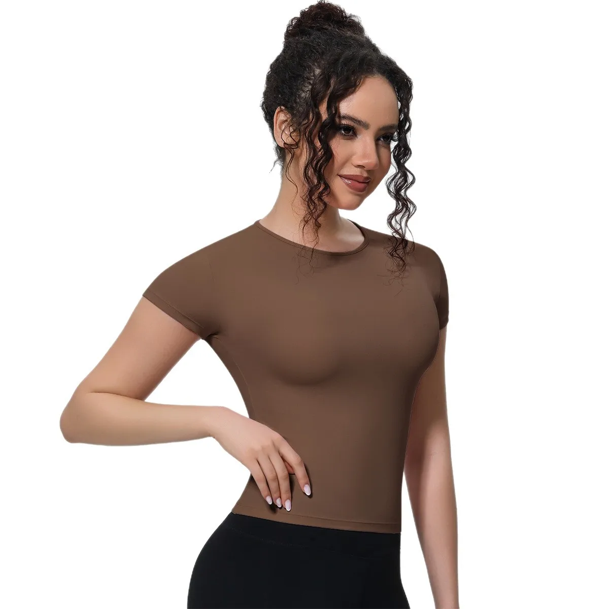 Womens Solid Color Nude Feel Yoga T-shirt Waist Shaping Slim Breathable Running Training Fitness Short Sleeve Top